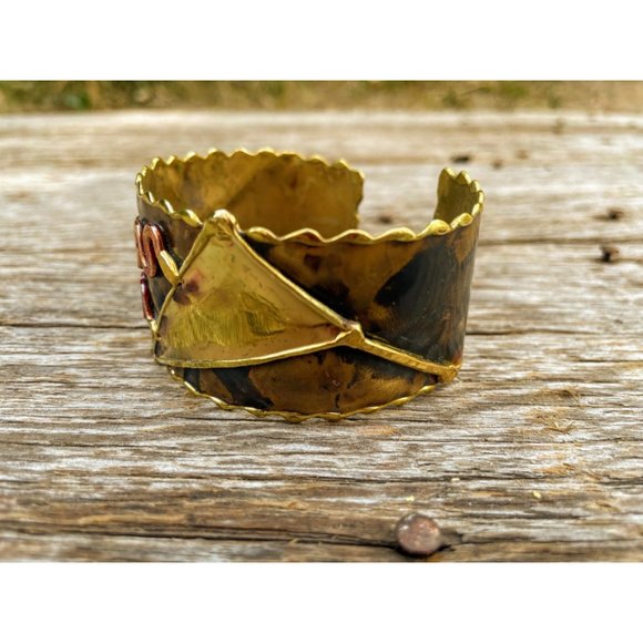 Vintage Brass and Copper bangle Cuff Bracelet Brutalist Abstract - Picture 5 of 12